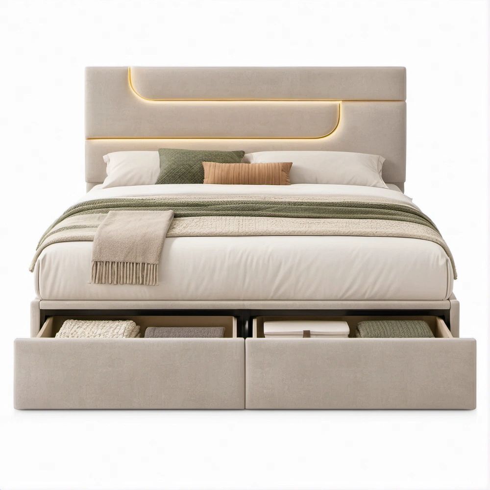 Letto matrimoniale contenitore beige 160 x 200 cm con 2 cassetti e illuminazione LED