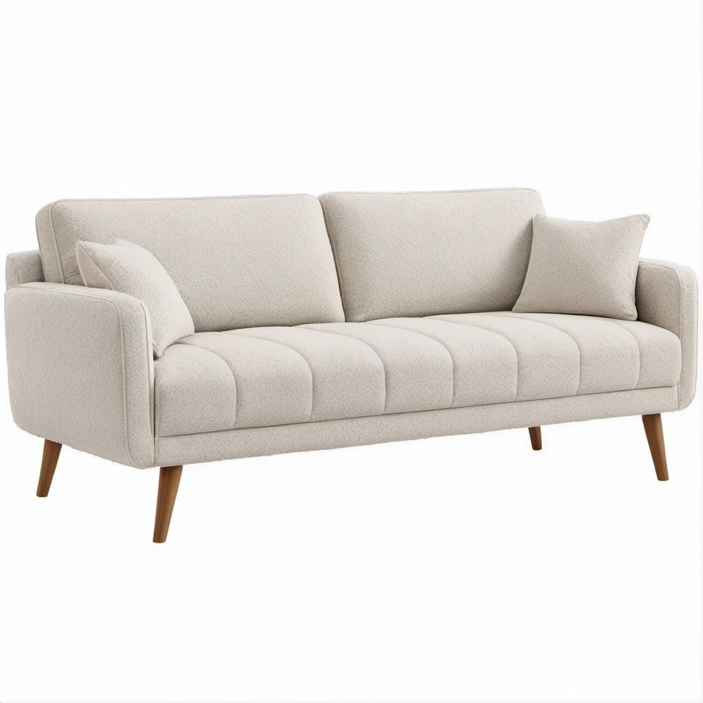 Divano lineare 3 posti color crema con rivestimento bouclé e gambe in legno, 210 x 85 x 82 cm