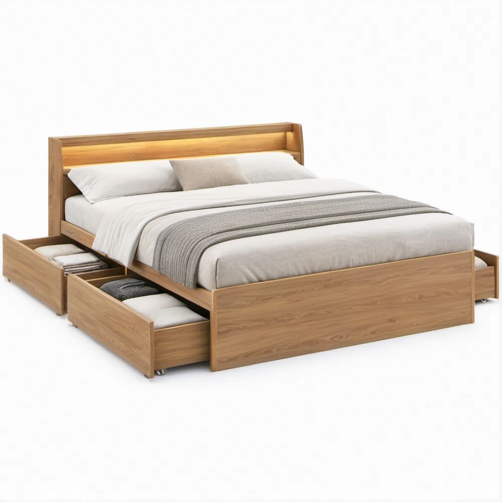 Letto matrimoniale 160 x 200 cm in MDF effetto Rovere Naturale con 4 cassetti e testiera illuminata
