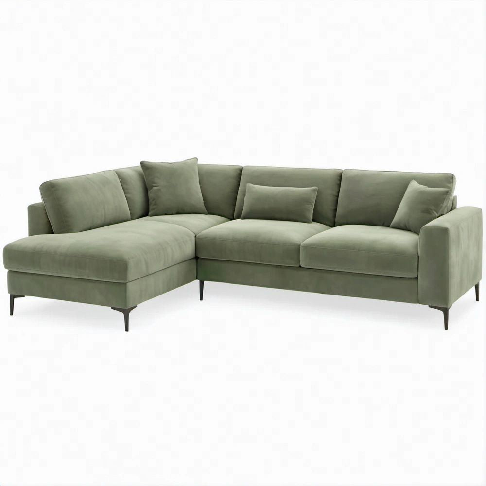 Divano angolare con chaise longue sinistra in velluto verde salvia, 260 x 160 x 85 cm