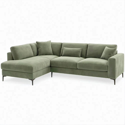 Divano angolare con chaise longue sinistra in velluto verde salvia, 260 x 160 x 85 cm
