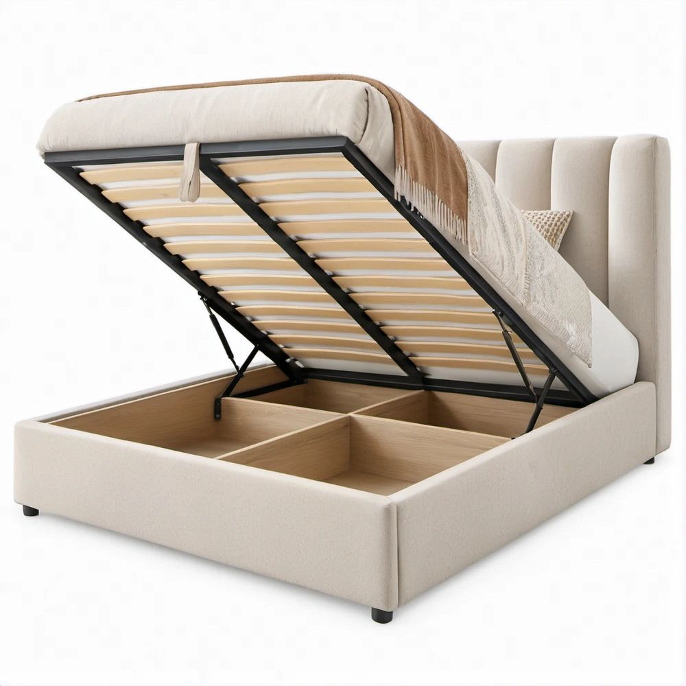Letto matrimoniale con vano contenitore e rete a doghe 160 × 200 cm Beige/Nero/Rovere chiaro
