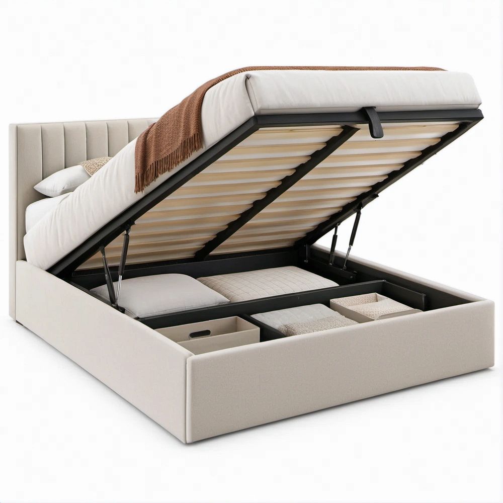 Letto matrimoniale contenitore beige chiaro 160 x 200 cm con testiera imbottita e rete sollevabile