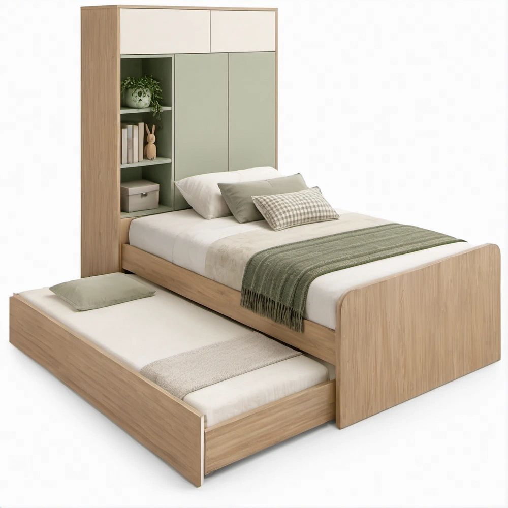 Letto singolo 90 x 200 cm con letto estraibile, testiera contenitore, rovere naturale, verde salvia e bianco