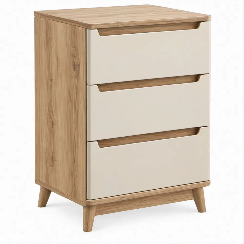 Comodino moderno a 3 cassetti in rovere naturale e beige, 60 x 40 x 75 cm