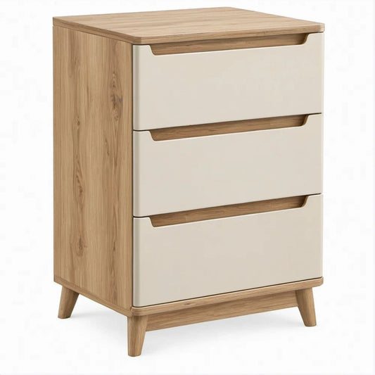 Comodino moderno a 3 cassetti in rovere naturale e beige, 60 x 40 x 75 cm