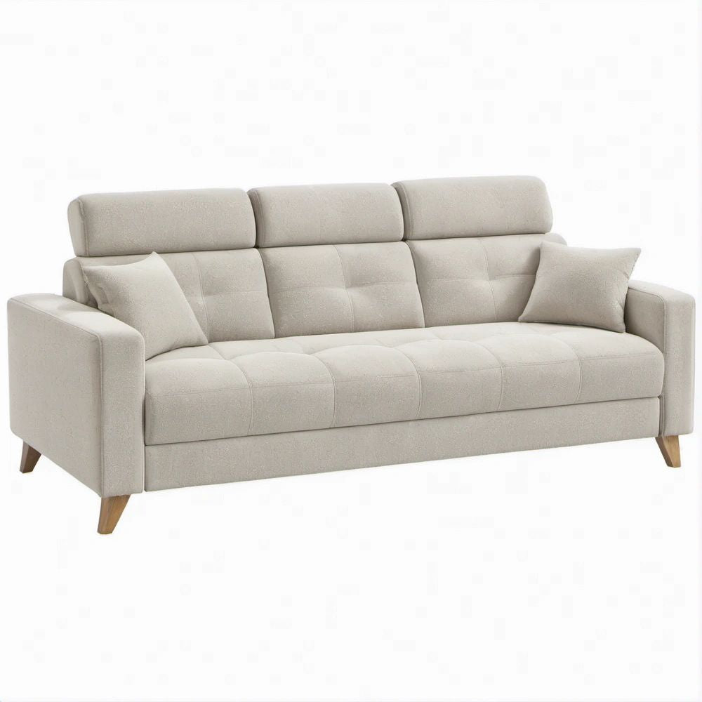 Divano lineare 3 posti beige con gambe in legno massello, 220 x 92 x 96 cm