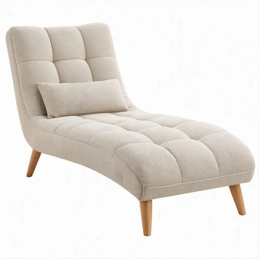 Chaise longue curva imbottita beige in tessuto bouclé con gambe in legno, 155 x 68 x 85 cm