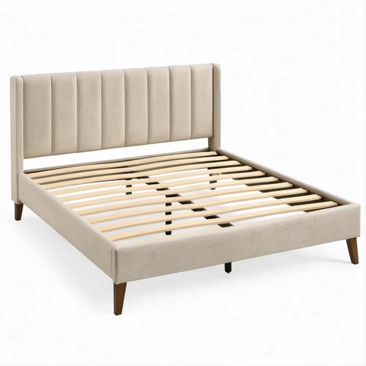 Letto imbottito beige con testiera a pannelli verticali e rete a doghe, 160 x 200 cm