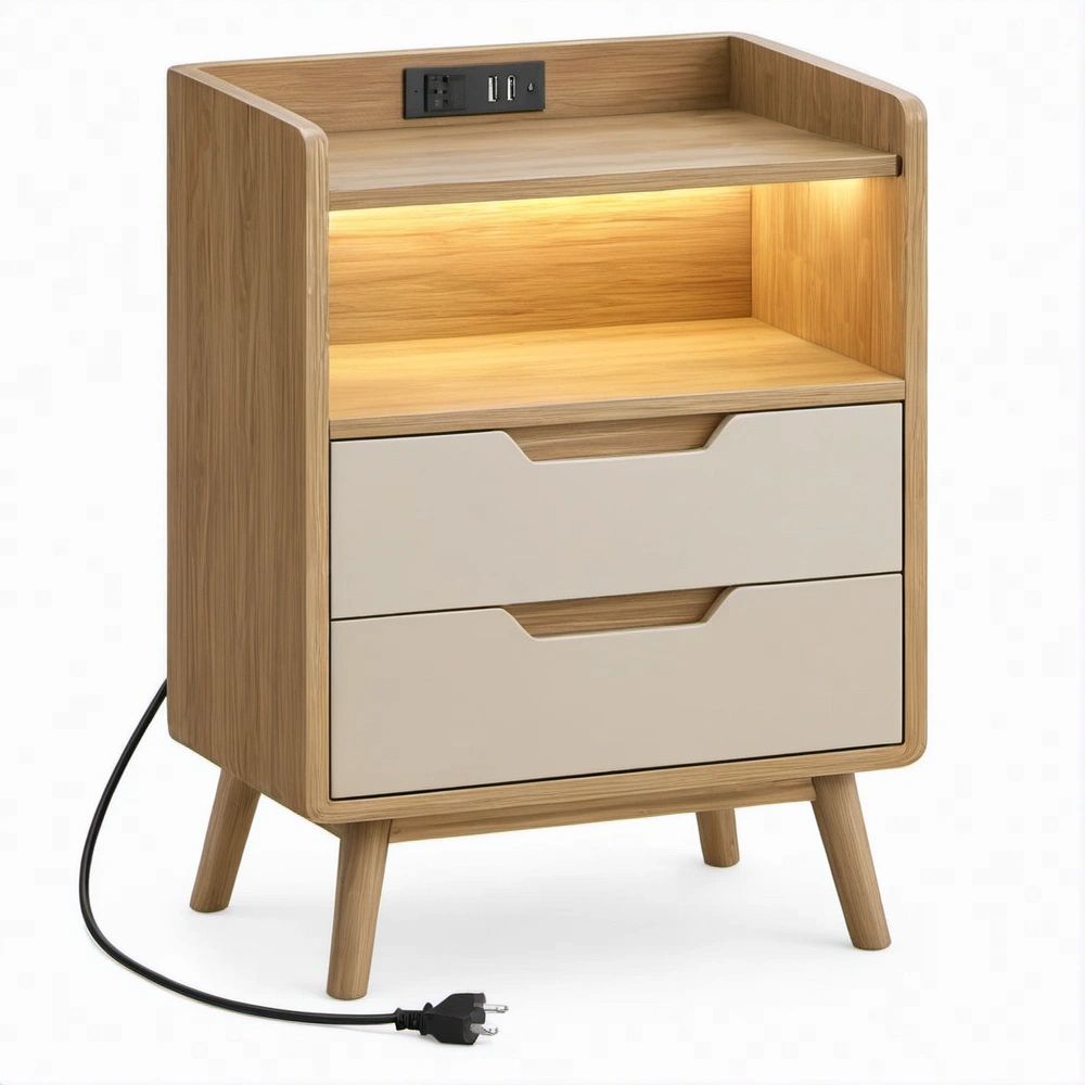 Comodino in rovere naturale e crema con 2 cassetti, vano illuminato, presa e porte USB, 45 x 40 x 65 cm