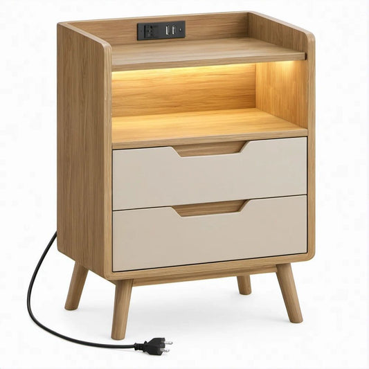 Comodino in rovere naturale e crema con 2 cassetti, vano illuminato, presa e porte USB, 45 x 40 x 65 cm