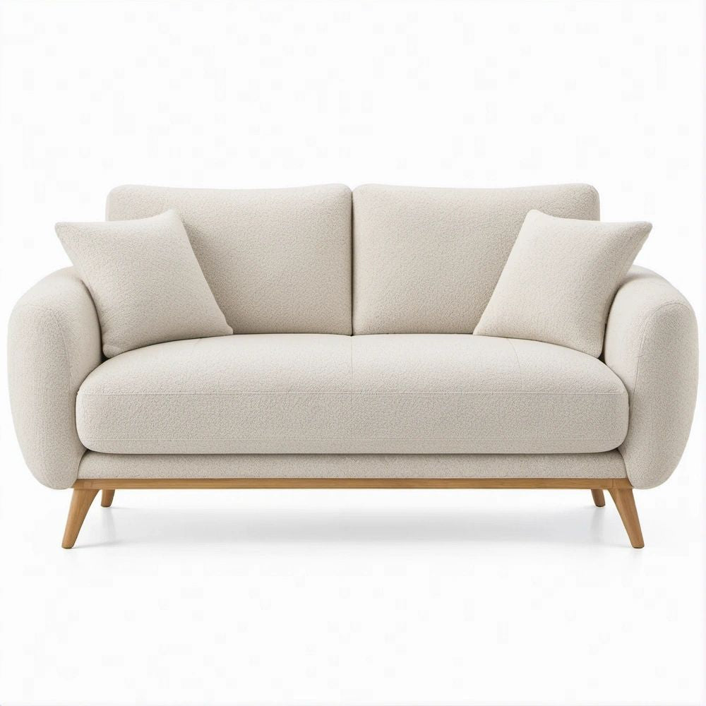 Divano a 2 posti color crema in bouclé con gambe in legno massello, 160 x 90 x 85 cm