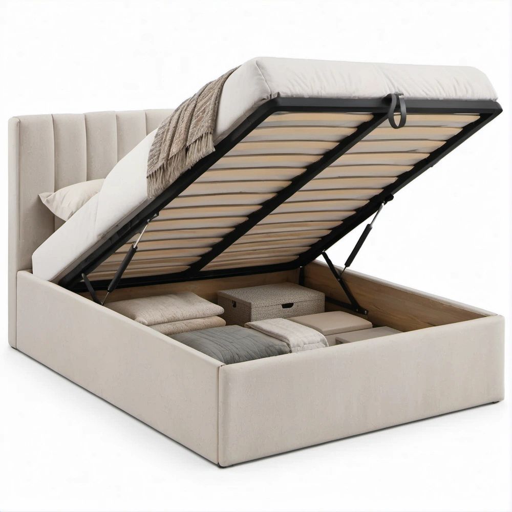 Letto matrimoniale imbottito con vano contenitore beige 160 x 200 cm