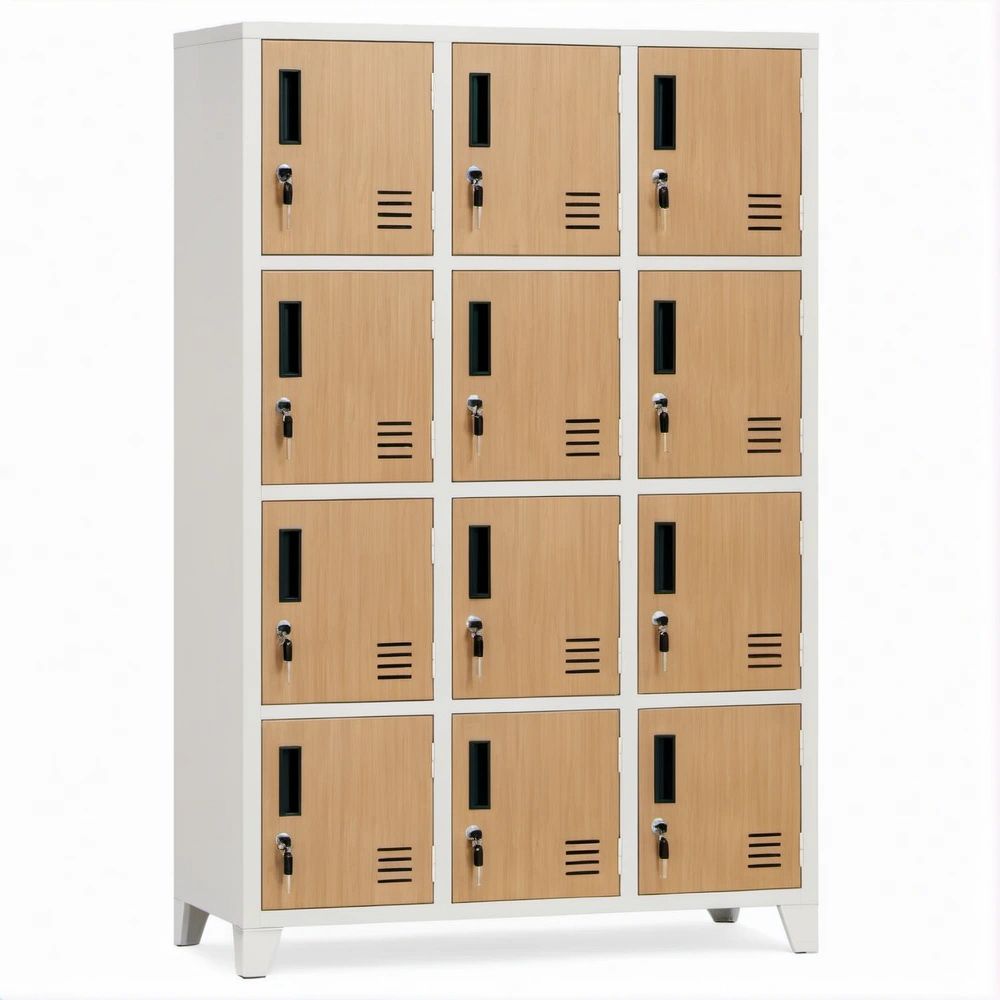 Armadio spogliatoio a 12 ante in acciaio effetto rovere chiaro e bianco, 90 x 45 x 180 cm