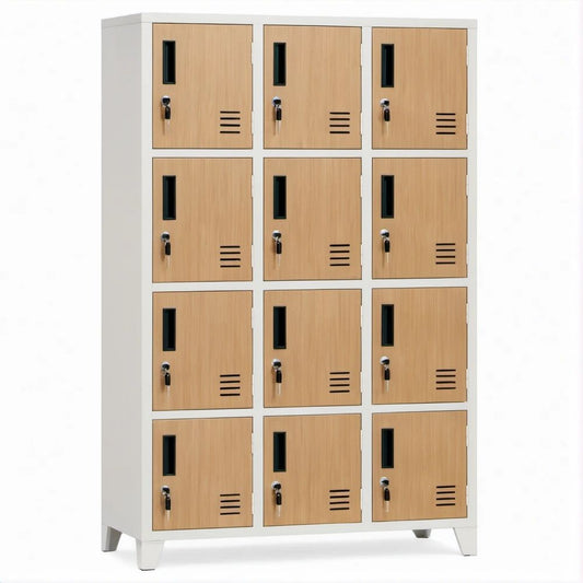 Armadio spogliatoio a 12 ante in acciaio effetto rovere chiaro e bianco, 90 x 45 x 180 cm