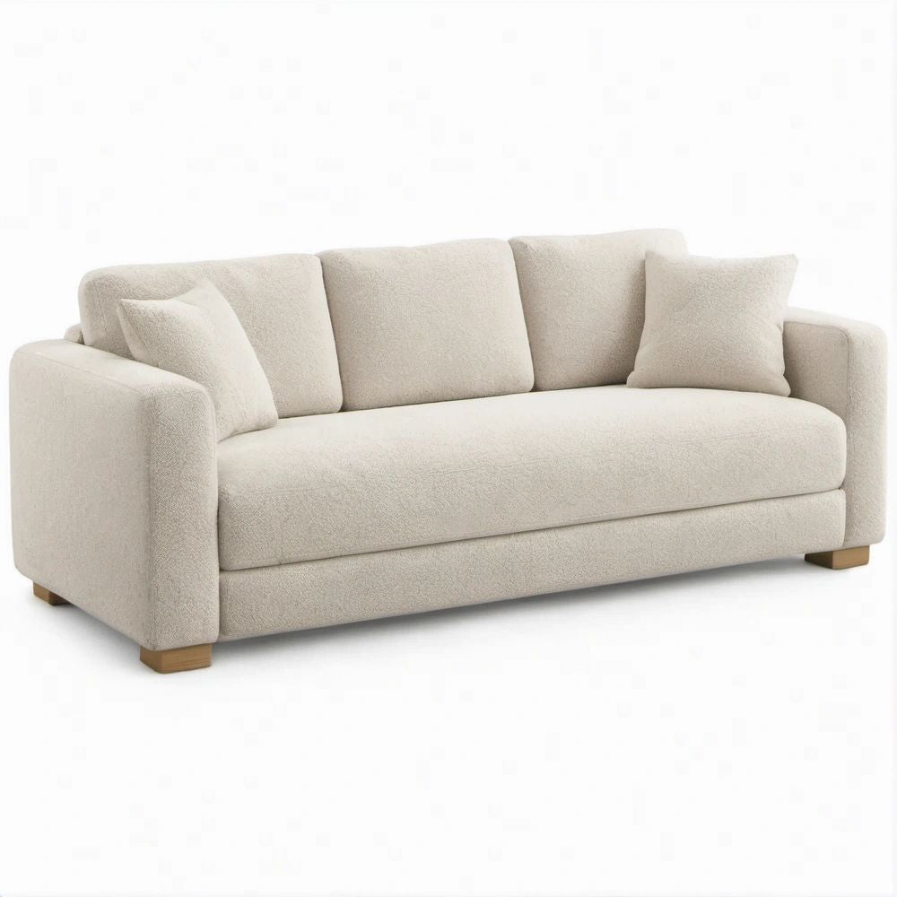 Divano lineare 3 posti in bouclé beige crema, 220 x 92 x 82 cm