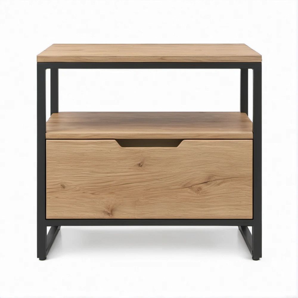 Comodino industriale in rovere chiaro e nero con cassetto e ripiani, 60 x 40 x 65 cm