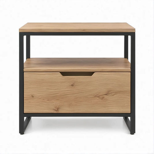 Comodino industriale in rovere chiaro e nero con cassetto e ripiani, 60 x 40 x 65 cm