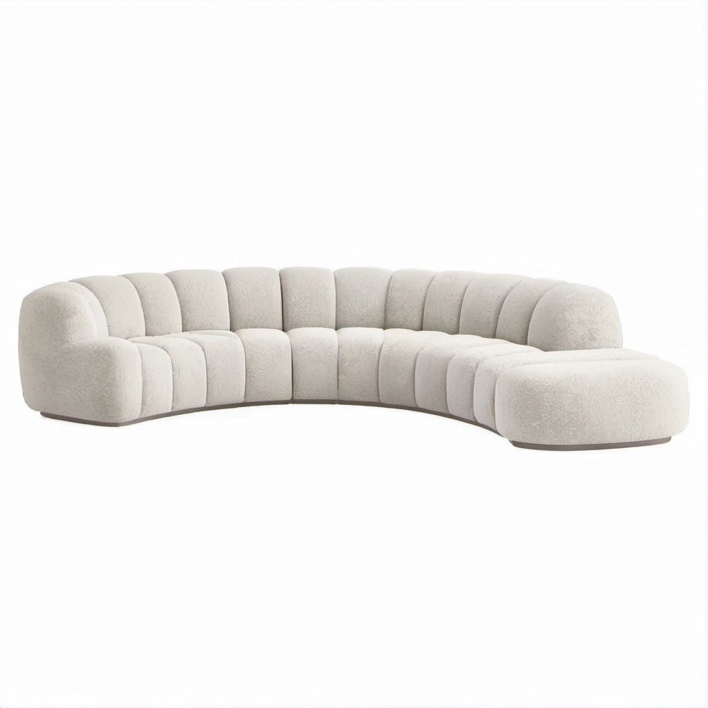 Divano angolare curvo 5 posti con chaise longue in bouclé avorio 360 x 140 x 75 cm