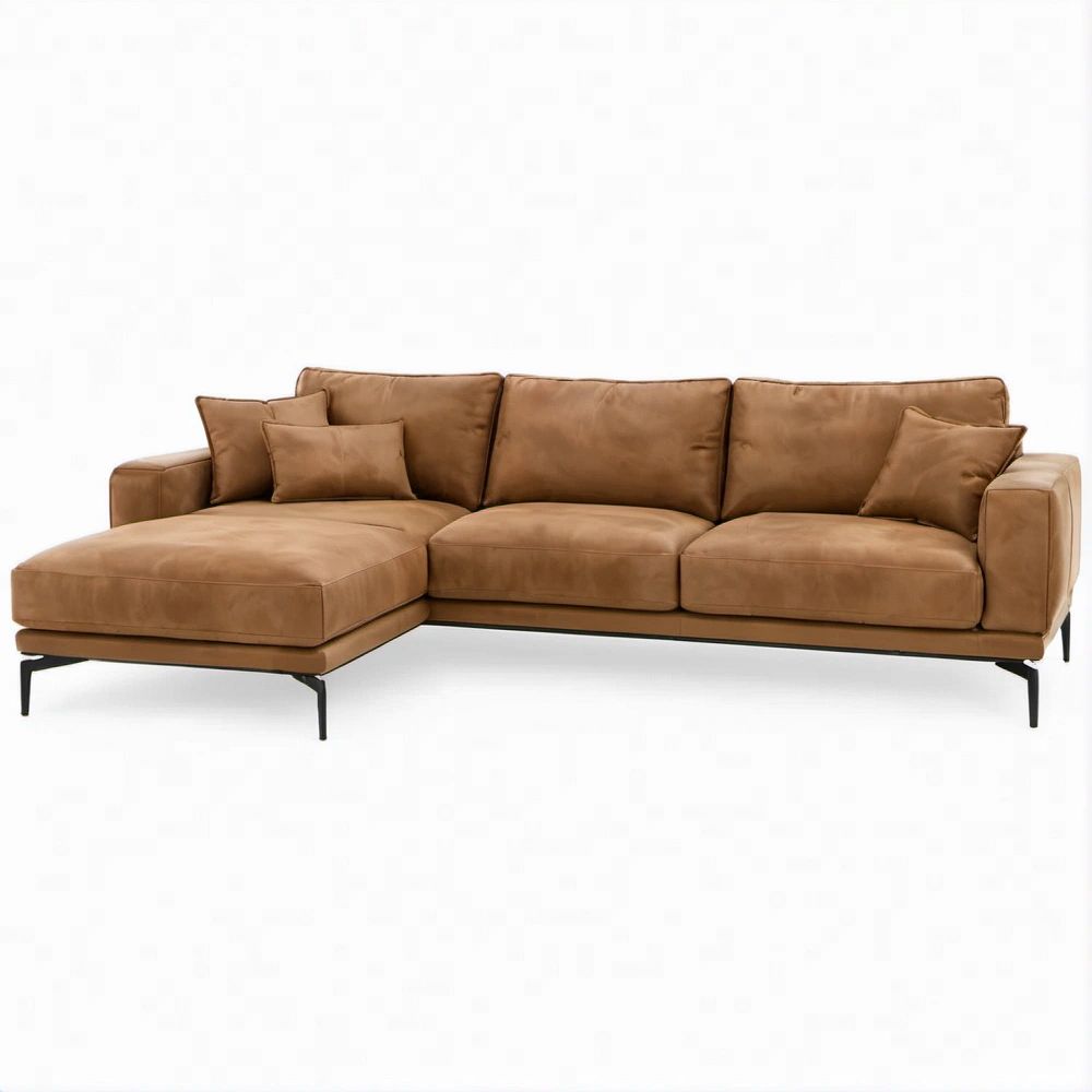 Divano angolare a L con penisola sinistra in similpelle marrone e piedini neri, 280 x 160 x 85 cm