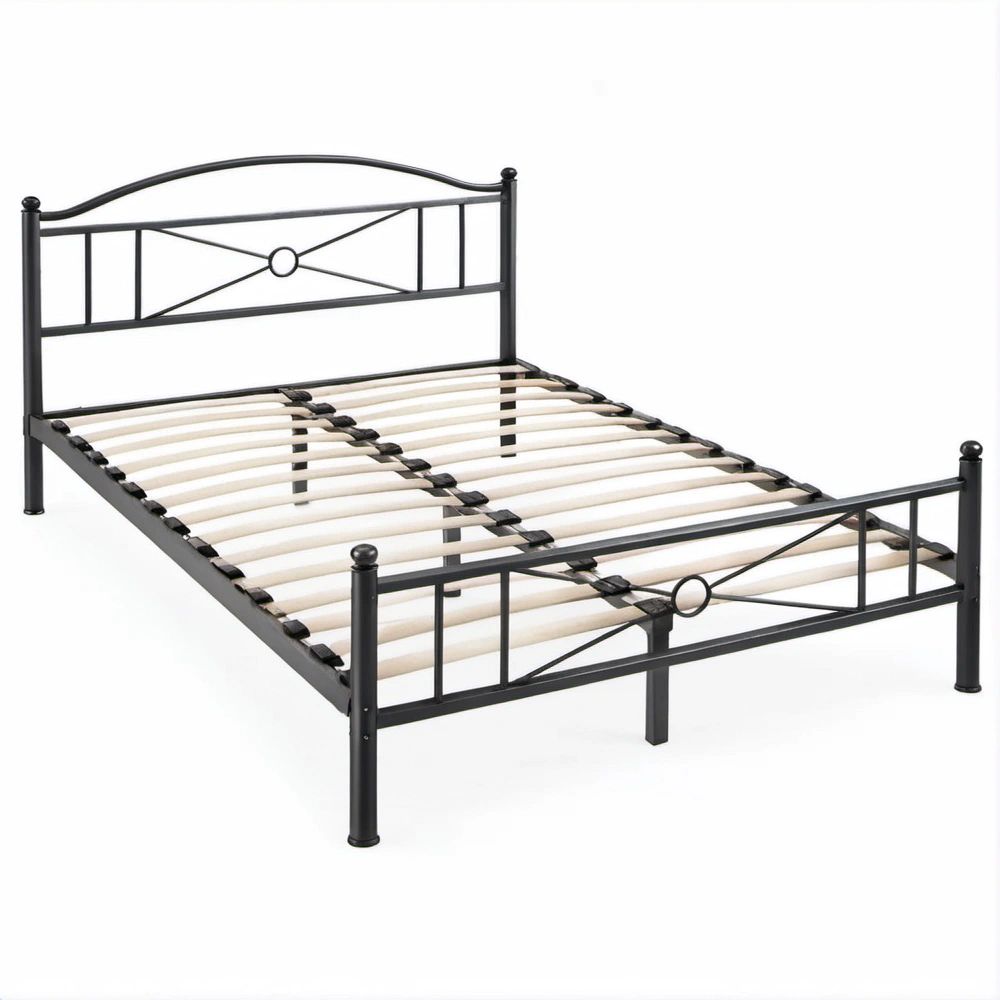 Letto matrimoniale in acciaio nero con rete a doghe 140 x 190 cm