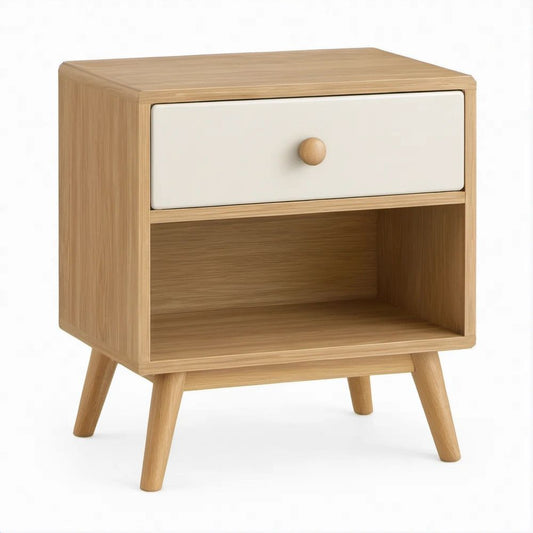 Comodino nordico in rovere naturale e bianco con cassetto e vano aperto, 40 x 35 x 55 cm