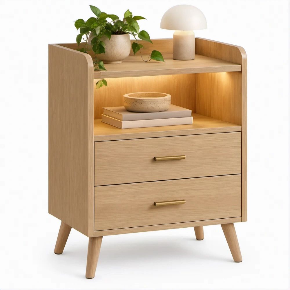 Comodino in Rovere Chiaro con 2 Cassetti e Vano Aperto, 45 x 40 x 65 cm